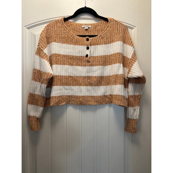 American Eagle Women’s Striped Boxy Button Knit Cropped Sweater Size M Tan White - Picture 1 of 3